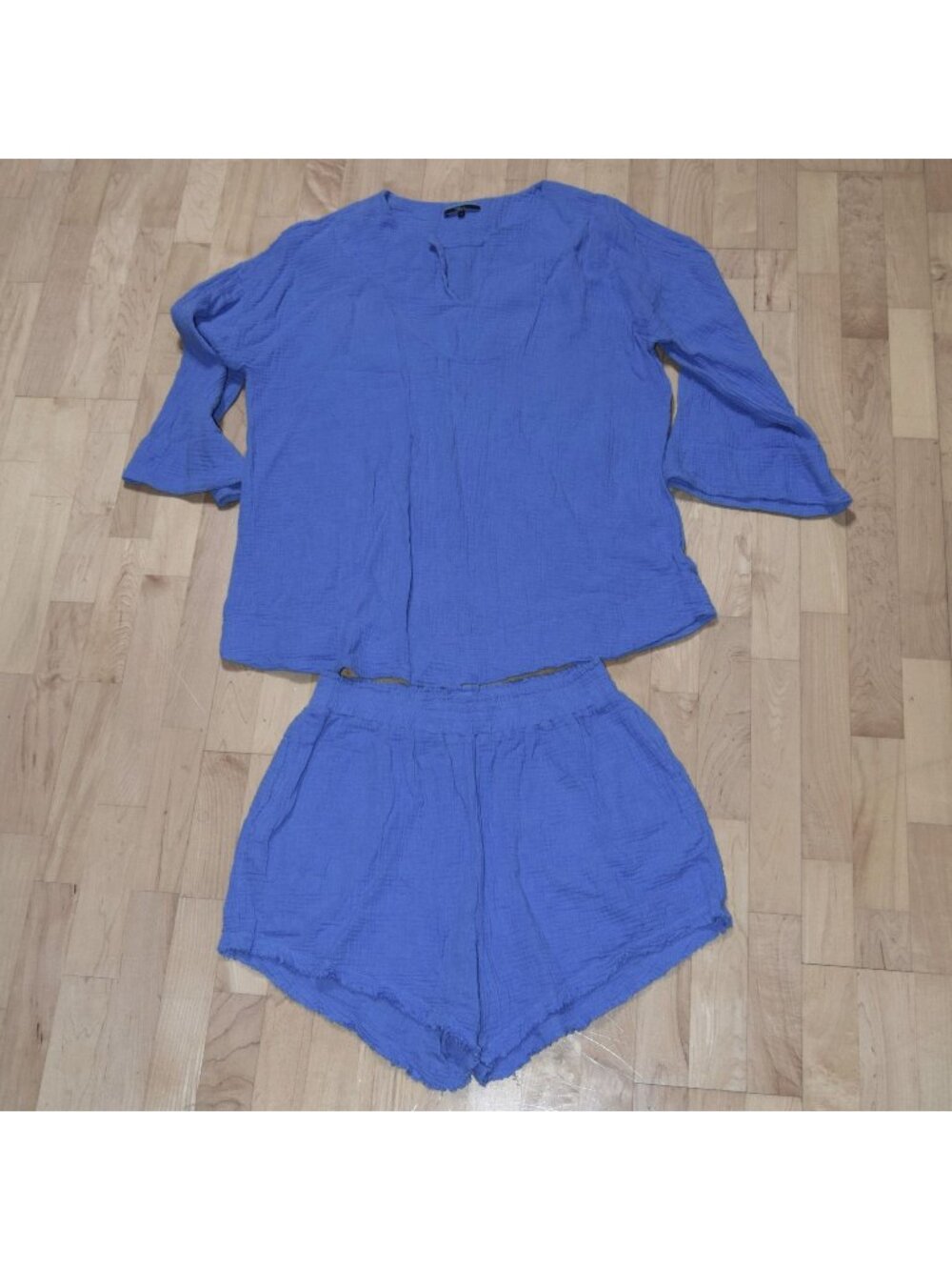 Shore Brand Women's L XL Blue Crinkle Cotton Gauze Resort Lounge Set Top Shorts